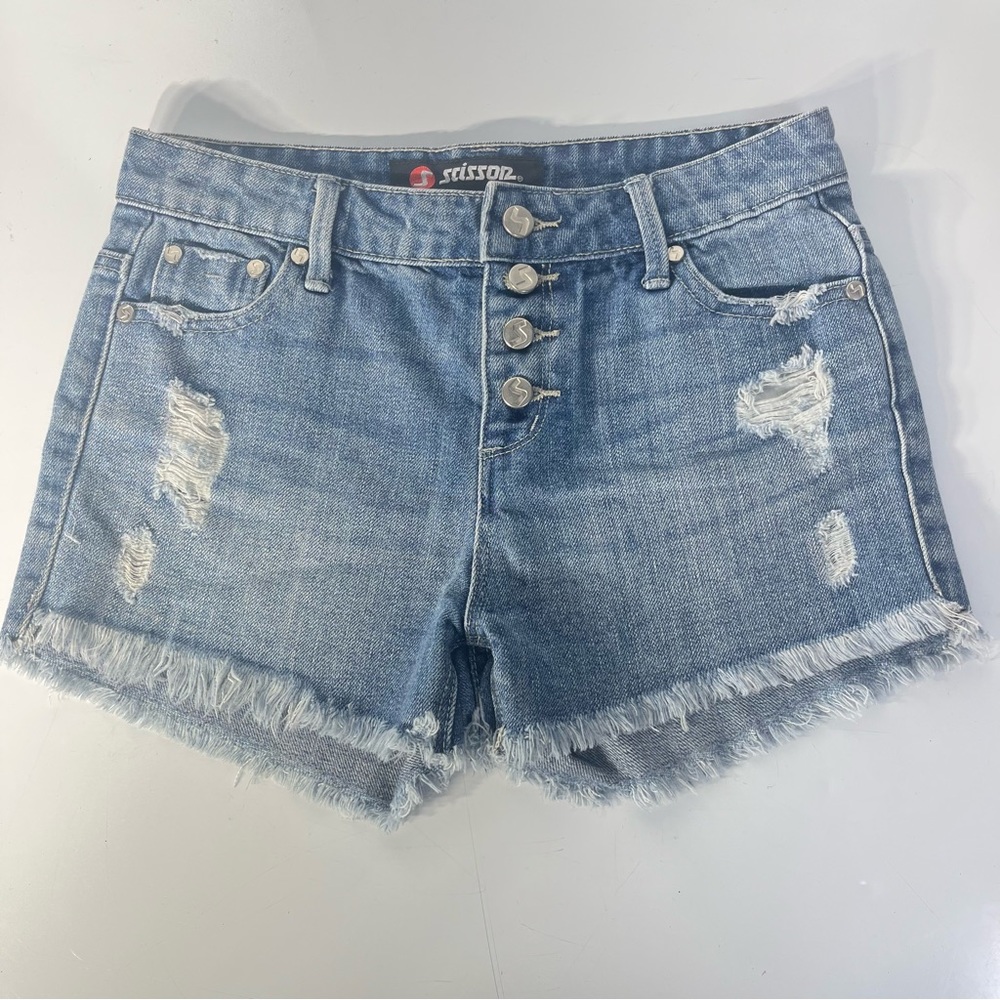 SCISSOR Distressed Button Fly Frayed Hem Denim Shorts, Girls Size 12